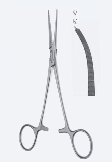 Зажими гемостатичні Crile, делікатні, вигнуті, зубчаті щелепи, зубці 2 х 1, з кремальєрою, загальна довжина 160 мм. Бренд - Asanus Medizintechnik Gmb, Німеччина